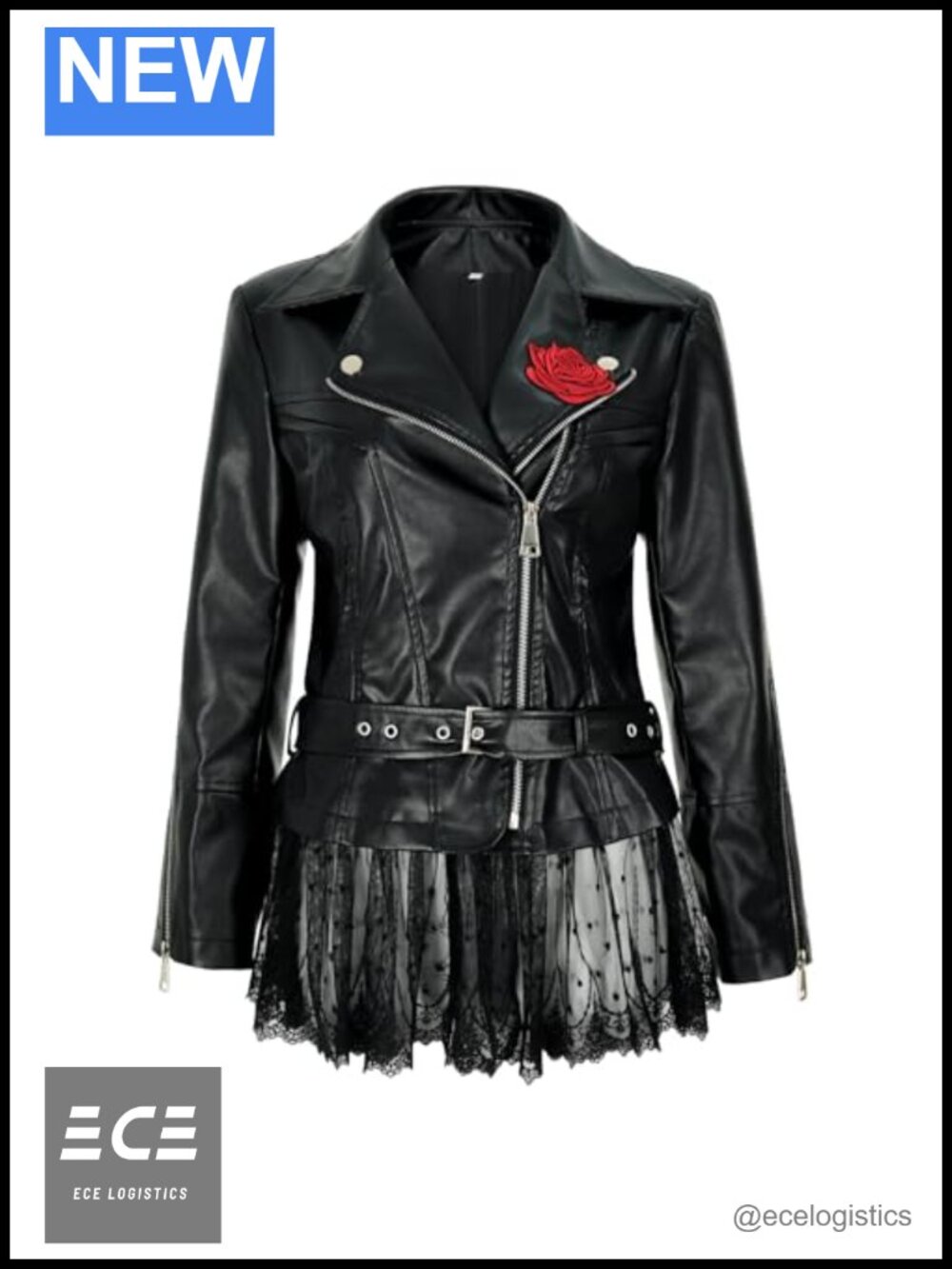 Faux Leather Lace Moto Jacket with Peplum Rose Detail